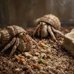 Two land hermit crabs feeding on food scattered across sand and coconut fibre substrate