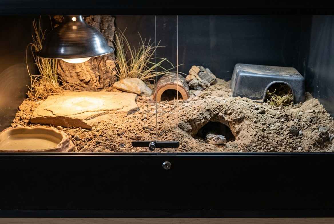 Western hognose snake enclosure with deep substrate, basking bulb, and hides