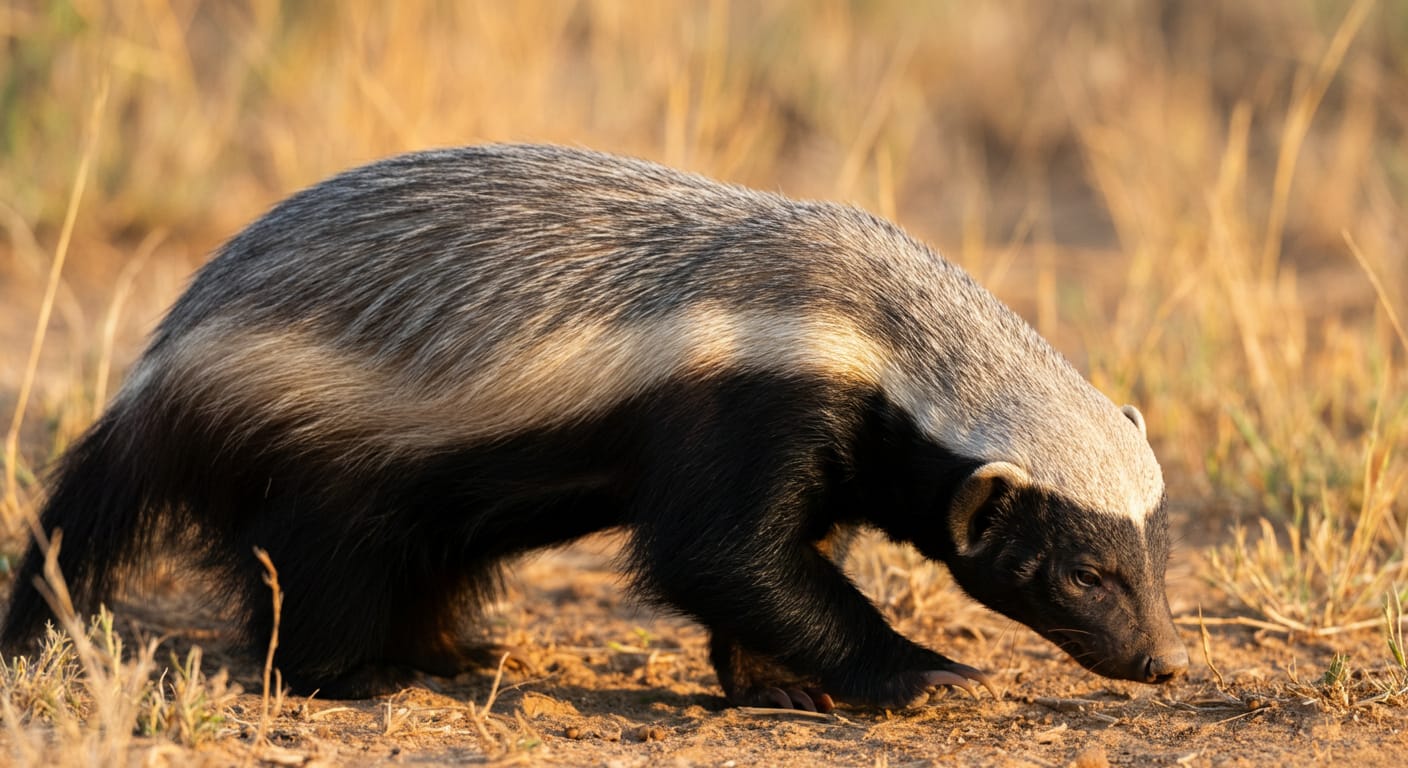 A honey badger foraging in the African savanna, showing its distinctive black and white markings