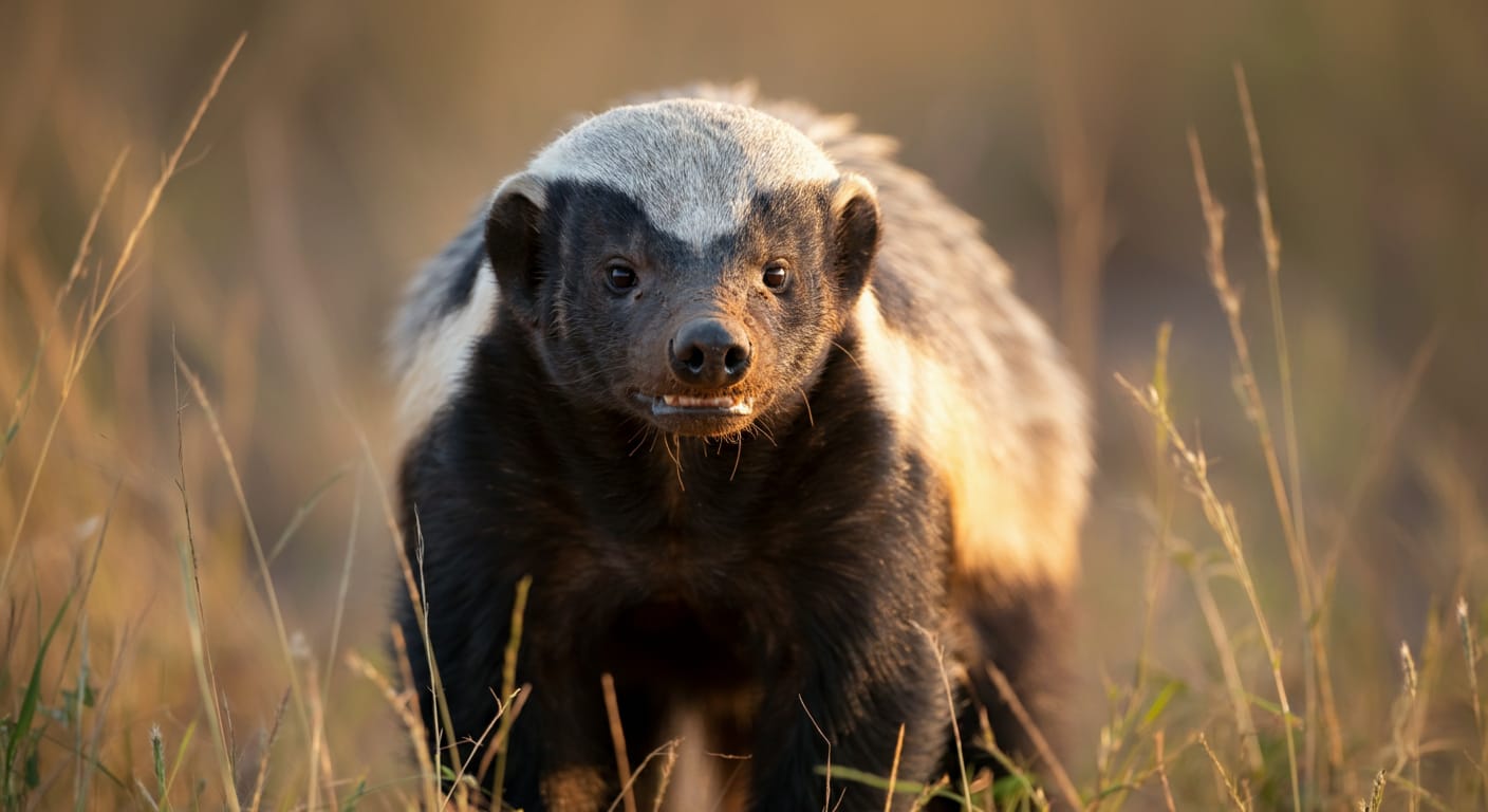 A honey badger standing alert in the African savanna, showing its distinctive black and white coloring