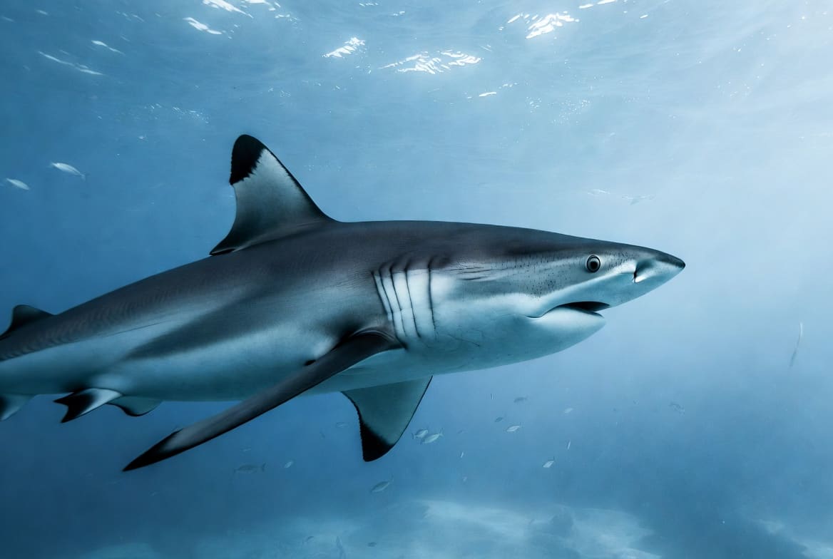 A blacktip reef shark swimming calmly through clear blue water, seen from the side in bright daylight