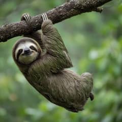 A brown-throated three-toed sloth hanging by its foreclaws from a branch in rainforest canopy, face turned toward the camera