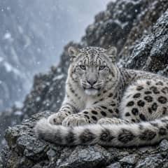 A snow leopard resting on a rocky mountain ledge in light snow, its long thick tail curled beside it and pale green eyes facing the camera