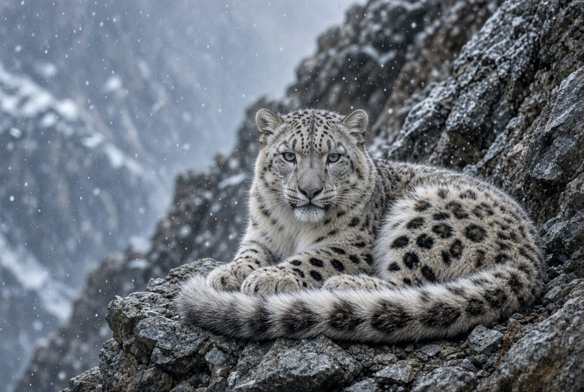 A snow leopard resting on a rocky mountain ledge in light snow, its long thick tail curled beside it and pale green eyes facing the camera