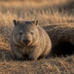 A bare-nosed wombat low to the ground in dry grass at golden hour, facing the camera, with the dark opening of a burrow beside it