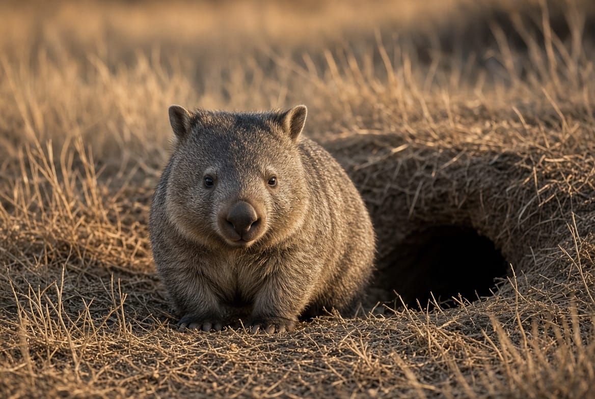 A bare-nosed wombat low to the ground in dry grass at golden hour, facing the camera, with the dark opening of a burrow beside it