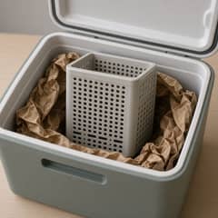 A tarantula in a ventilated deli cup nestled inside a padded shipping box next to a battery hygrometer