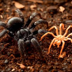 Tarantula on natural substrate beside a freshly shed exoskeleton