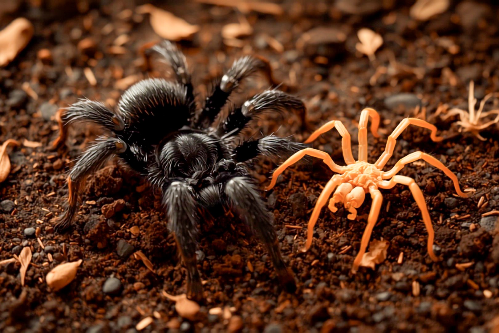 Tarantula on natural substrate beside a freshly shed exoskeleton