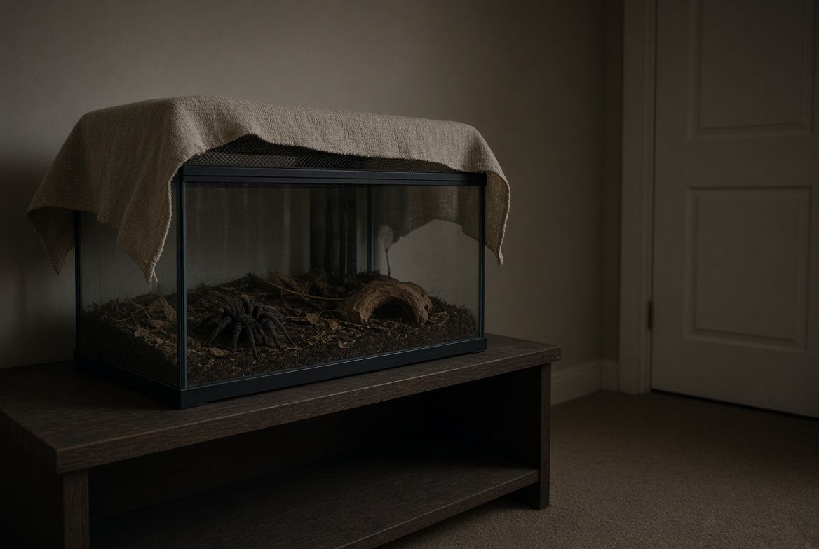A tarantula enclosure sitting on a shelf away from an aerosol insect spray can and a plug-in insect repellent device on the other side of the room