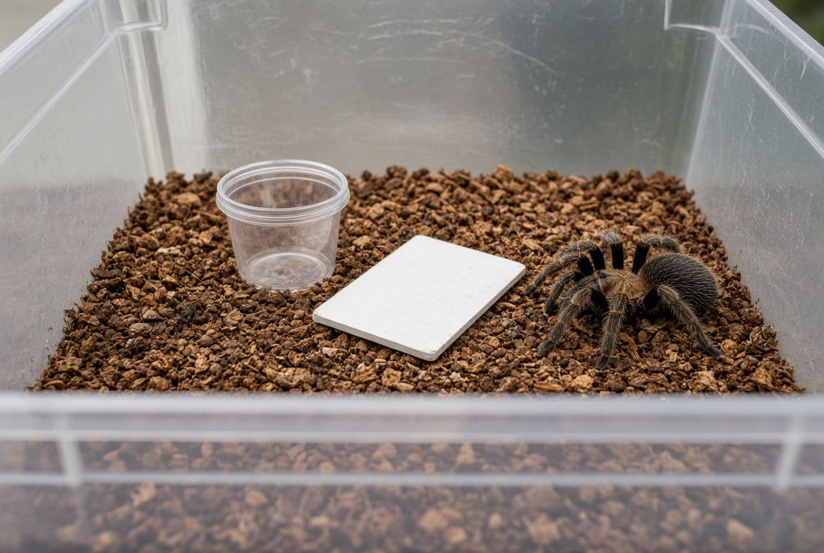 A tarantula being guided from an old enclosure into a new one using a clear catch cup and a piece of card, held low over a lined tub