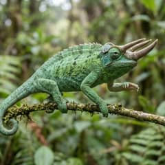 Male Jackson's chameleon with three forward-facing horns perched on a branch
