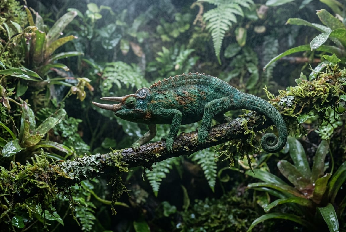 A horned Jackson's chameleon moving along a mossy branch in a cool planted enclosure