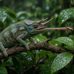 A three-horned Jackson's chameleon on a branch with its tongue extended toward a cricket, water droplets on the leaves around it