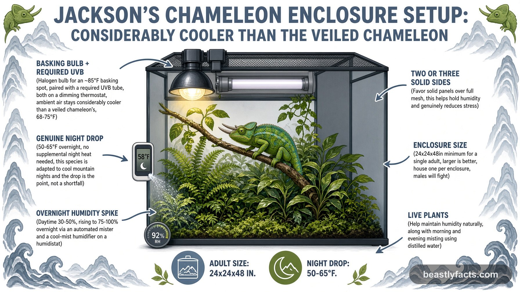 Labeled diagram of a Jackson's chameleon enclosure showing a halogen basking bulb with required UVB tube, a genuine 50-65°F night drop, and two or three solid enclosure sides