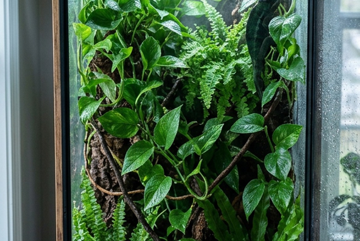 Male Jackson's chameleon with three forward-facing horns in a planted, partially screened enclosure