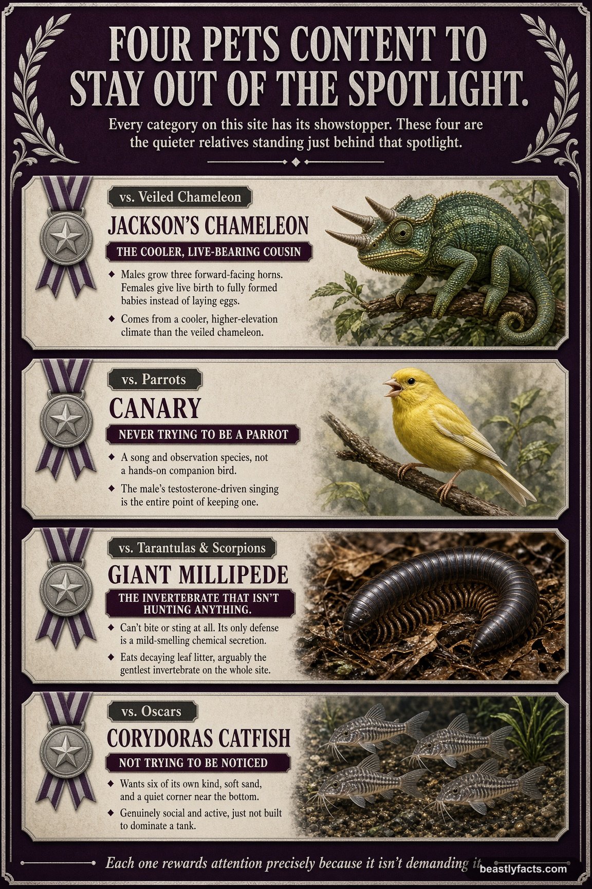 Portrait infographic comparing a Jackson's chameleon, canary, giant millipede, and corydoras catfish to their flashier relatives