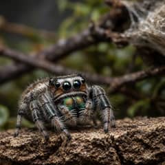 A regal jumping spider on a cork bark flat, front eyes facing the camera