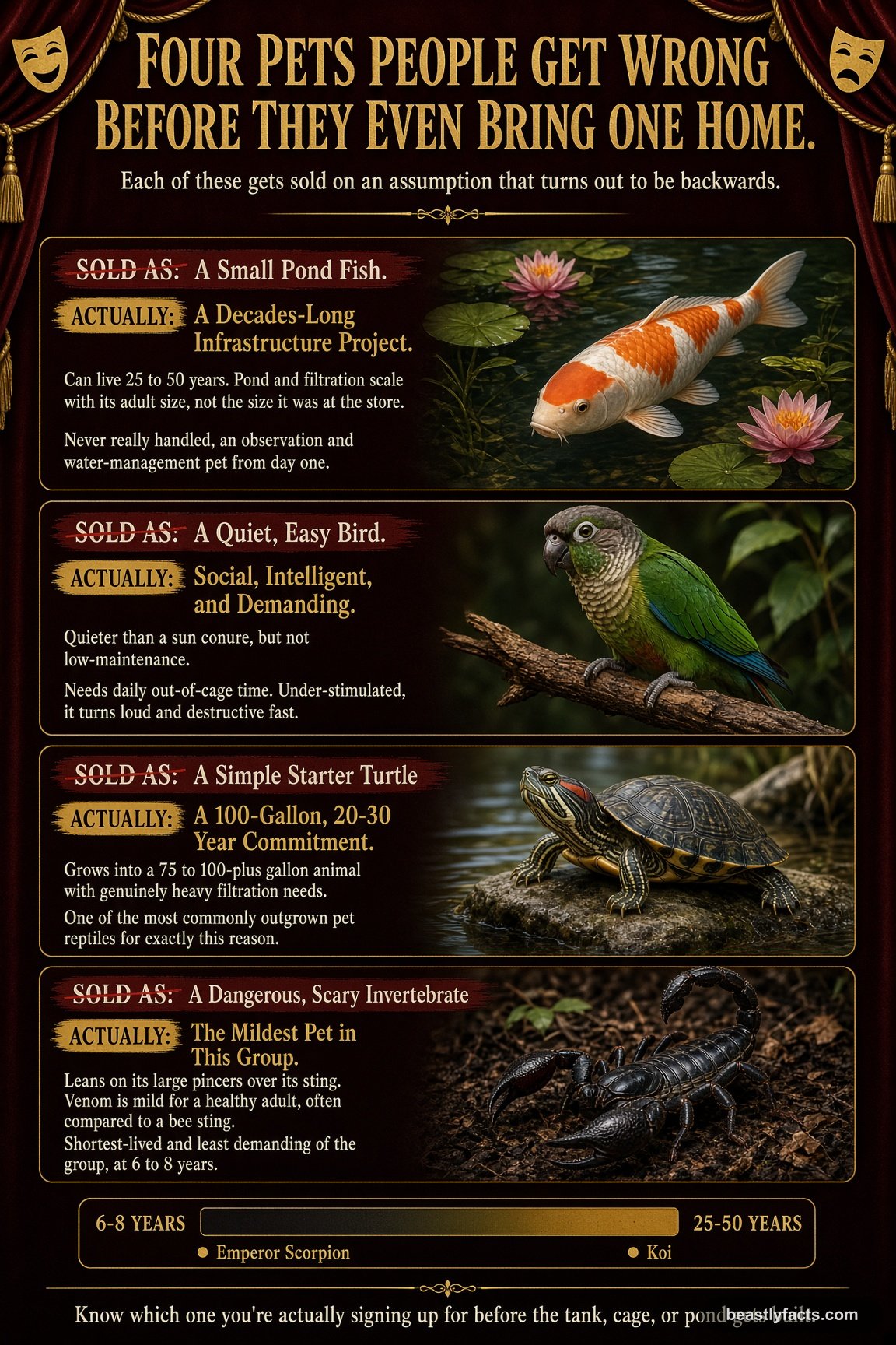 Portrait infographic comparing a koi, green cheek conure, red-eared slider, and emperor scorpion, showing the backwards assumption sold with each one and the reality