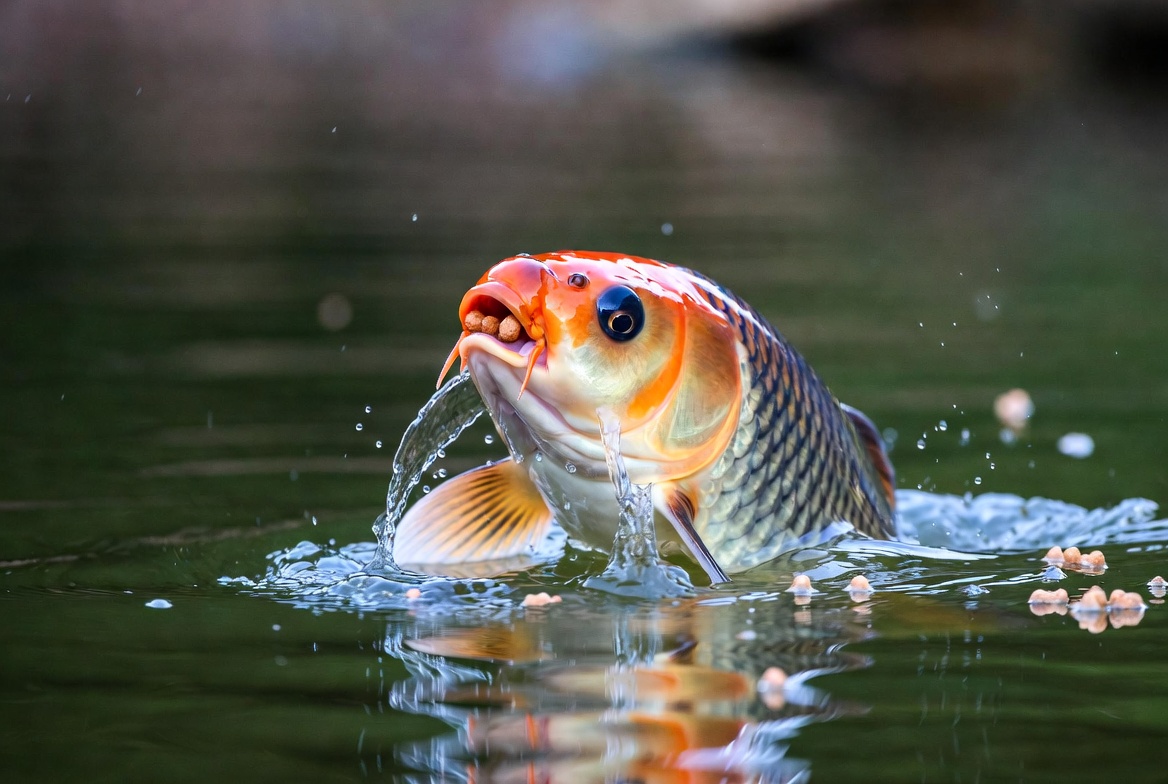 Koi rising to the pond surface to feed on floating pellets