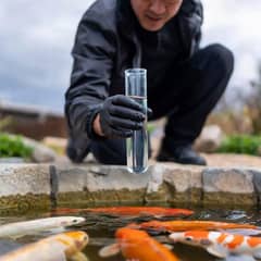 Koi pond keeper testing water quality parameters near the pond edge