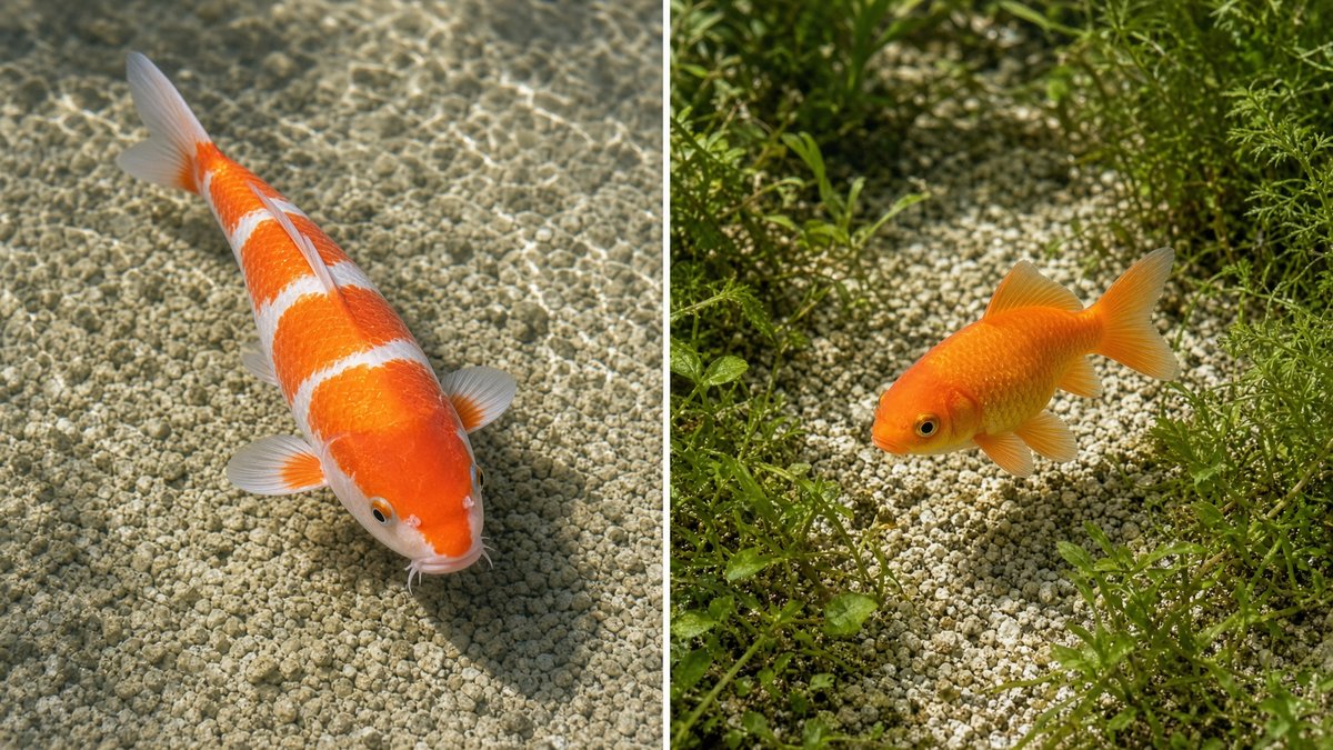A koi and a goldfish side by side for size comparison
