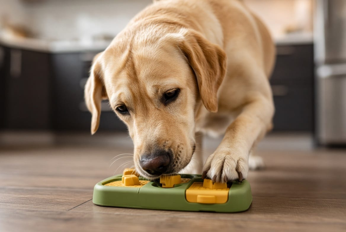 A labrador working at a puzzle feeder with its nose, fully absorbed
