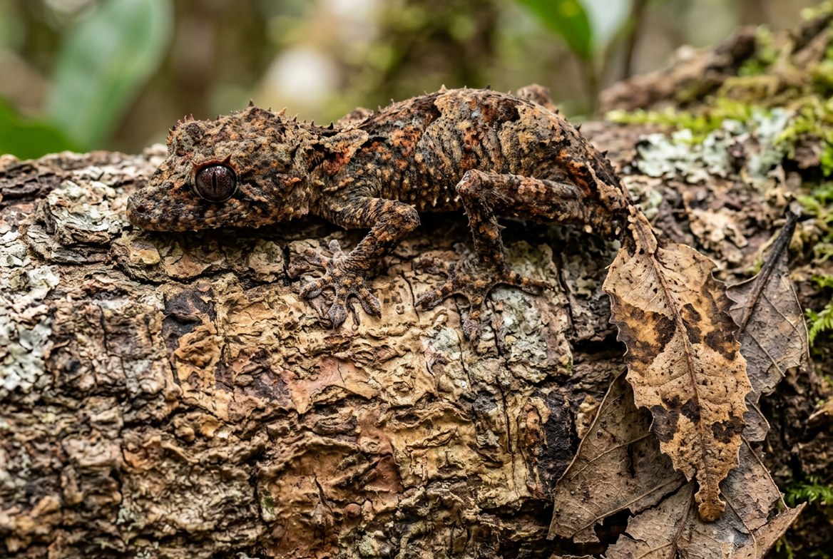 Satanic leaf-tailed gecko camouflaged against bark, the priciest gecko species covered on this site