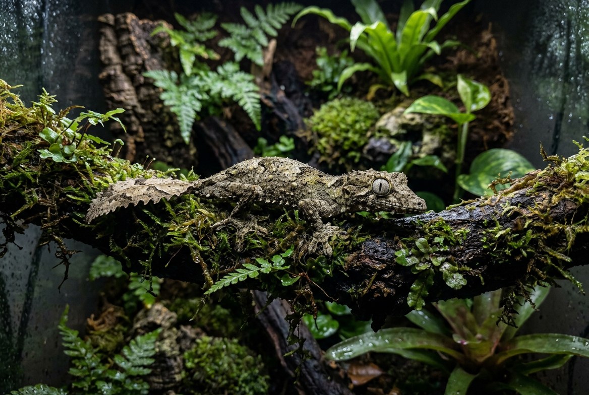 Satanic leaf-tailed gecko camouflaged against bark, remaining still rather than tolerating handling