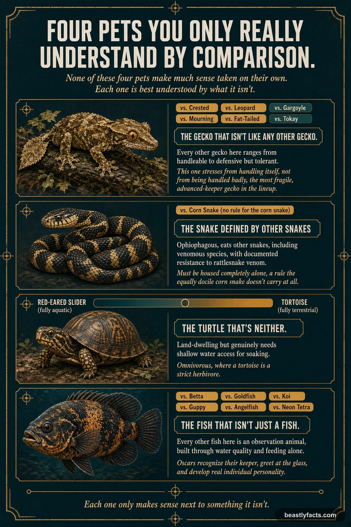 Portrait infographic comparing a leaf-tailed gecko, California kingsnake, box turtle, and oscar fish to the more familiar relatives they're each defined against