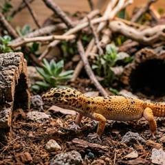 A leopard gecko exploring a naturalistic enclosure with cork bark and climbing structure