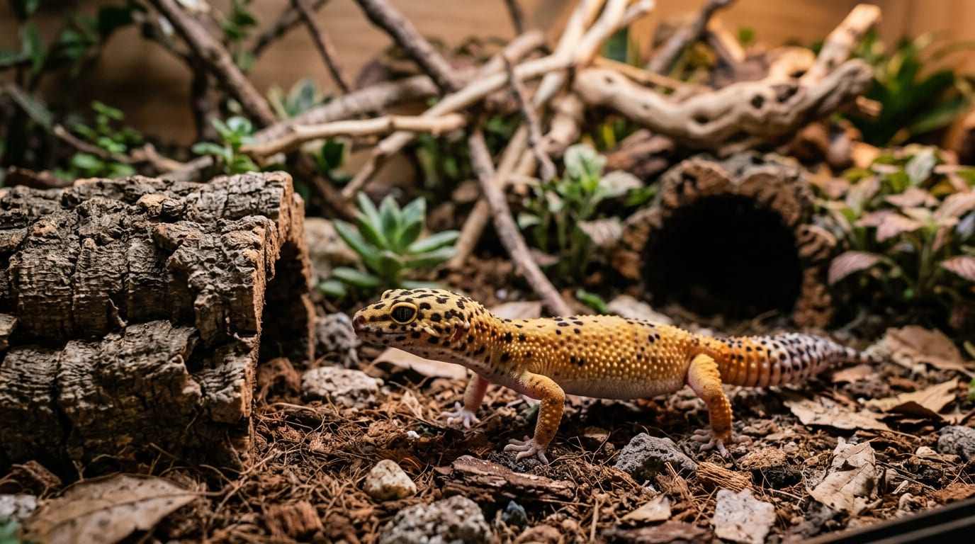 A leopard gecko exploring a naturalistic enclosure with cork bark and climbing structure