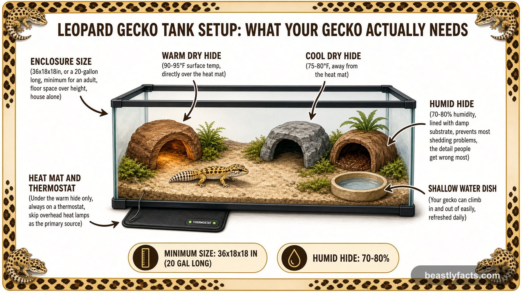 Labeled diagram of a leopard gecko enclosure showing the three-hide system, under-tank heat mat, and shallow water dish