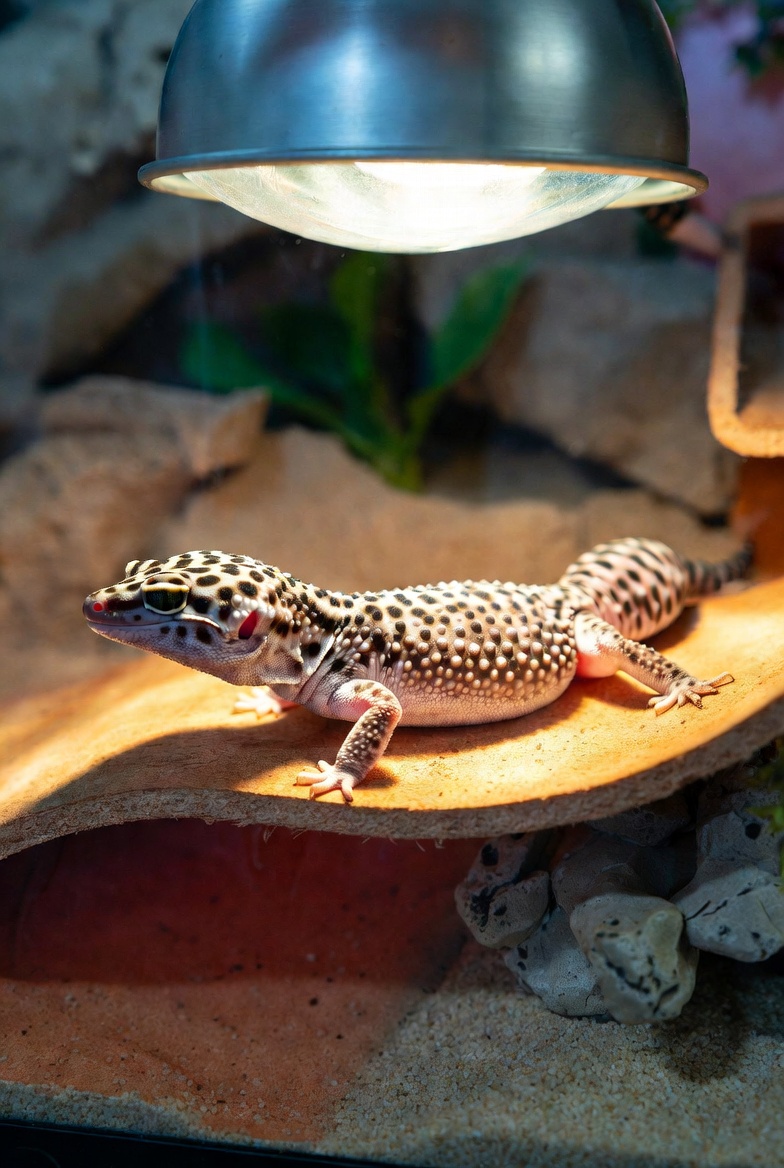 Leopard gecko basking on a warm hide under gentle heating in a desert terrarium