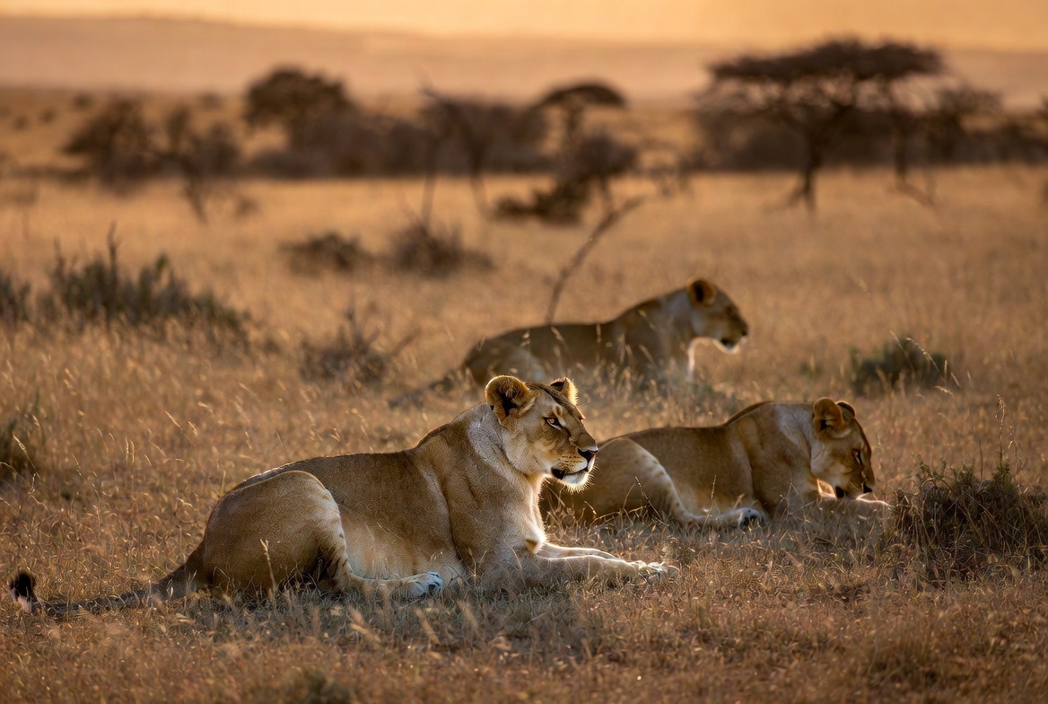 Three lionesses resting together in dry savanna grass at golden hour, with acacia trees behind them
