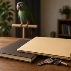 An older cockatoo perched beside a tortoise, with a folder of care and financial paperwork laid out between them
