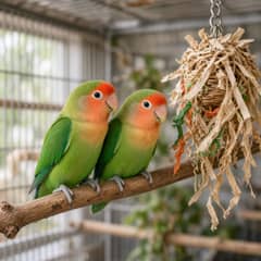 A pair of lovebirds perched together near a foraging toy inside their cage