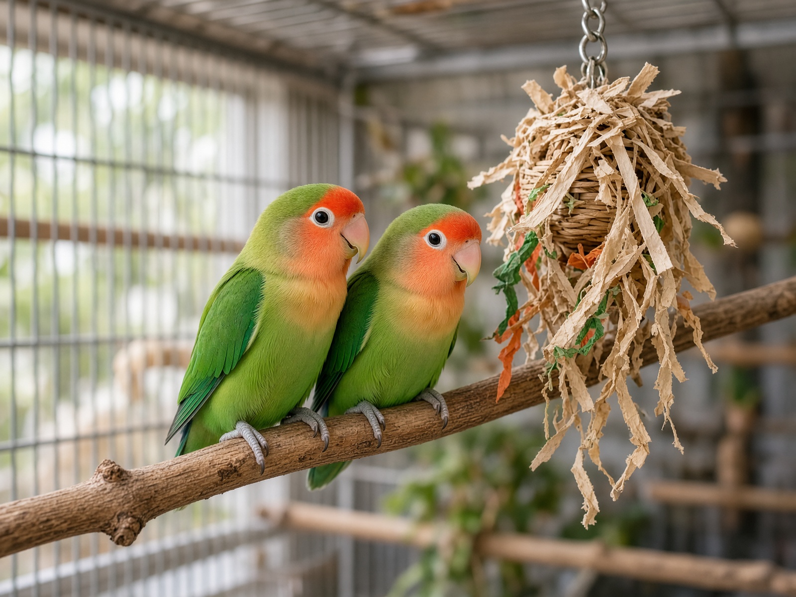A pair of lovebirds perched together near a foraging toy inside their cage