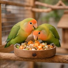 Two lovebirds sharing a wooden dish of chopped vegetables and pellets