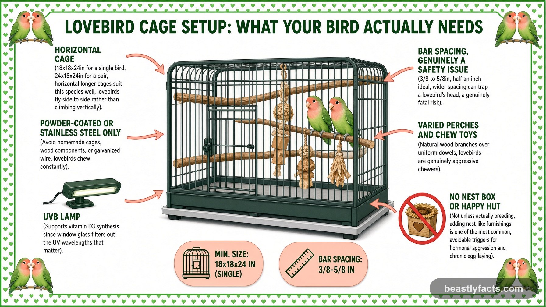 Labeled diagram of a lovebird cage showing a bonded pair, safe bar spacing, and varied perches and chew toys