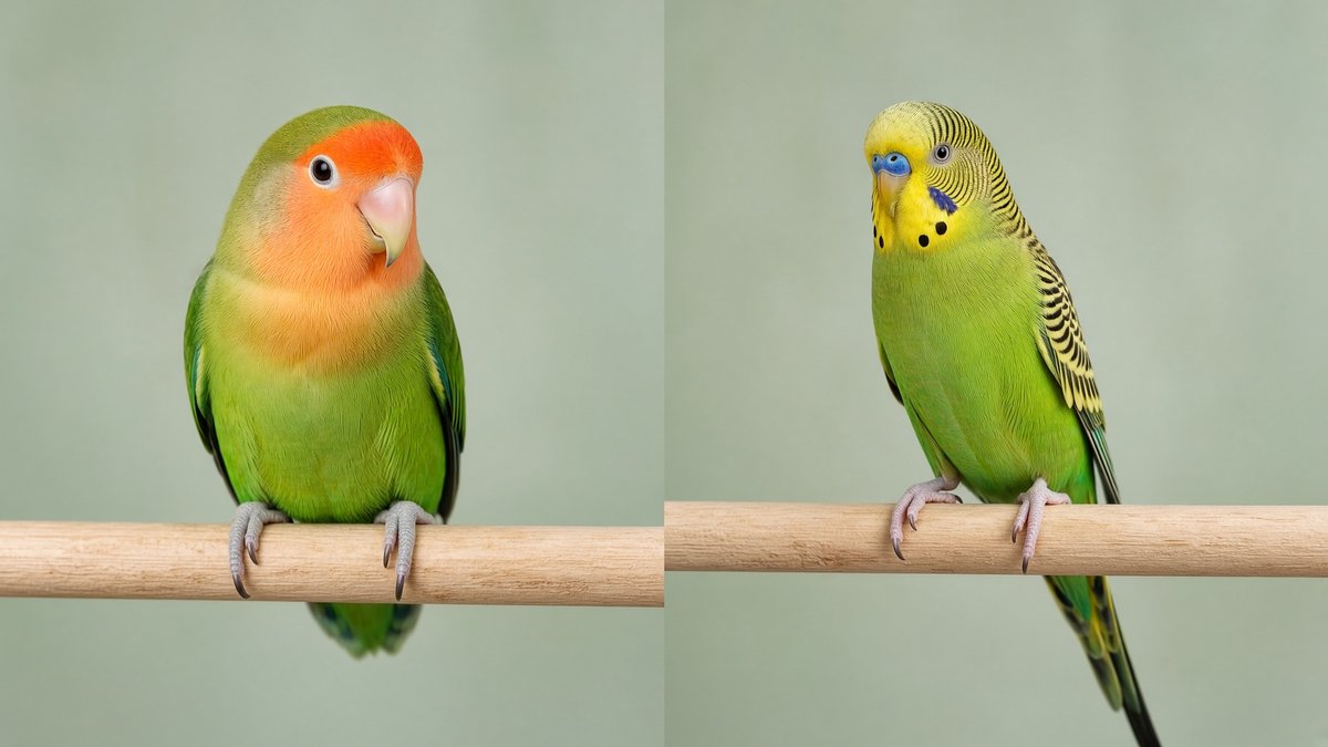 A lovebird and a budgie side by side for comparison