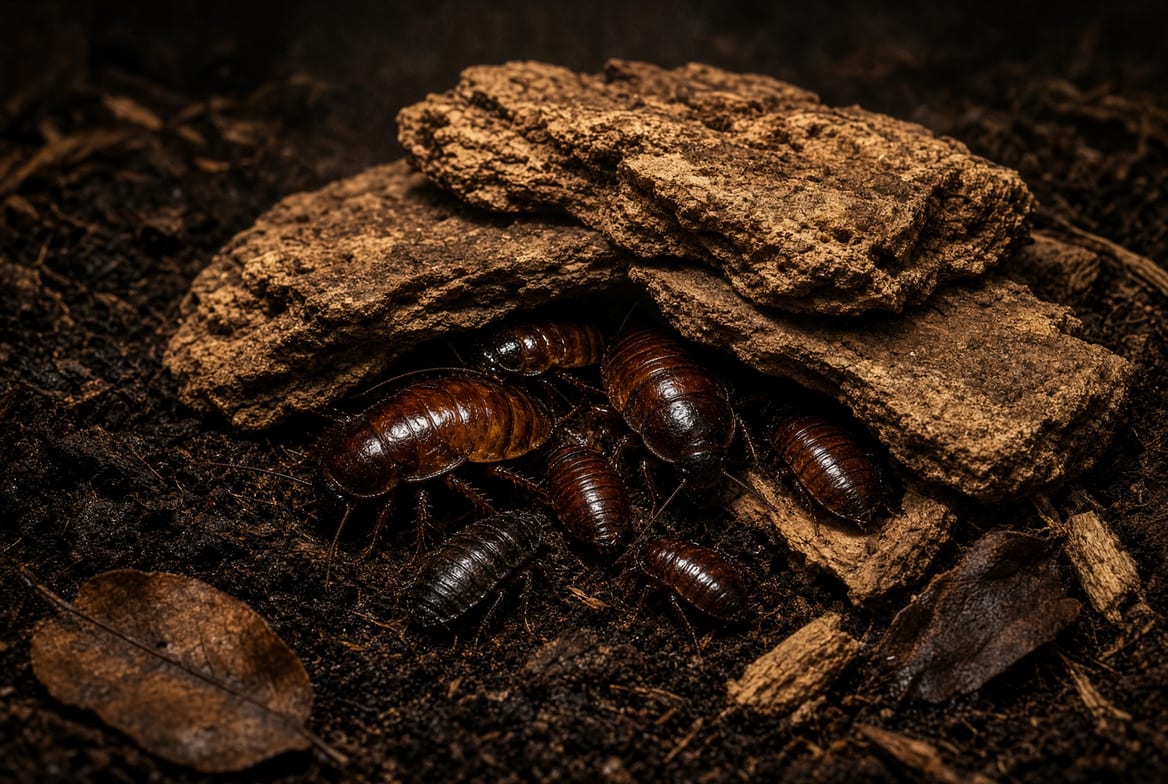 Madagascar hissing cockroaches clustered on a stack of bark over deep substrate