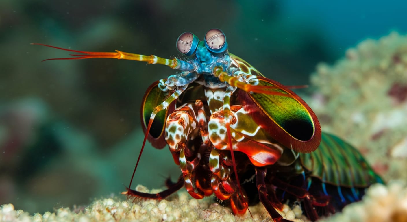 A colorful peacock mantis shrimp with vivid iridescent colors perched on a coral reef