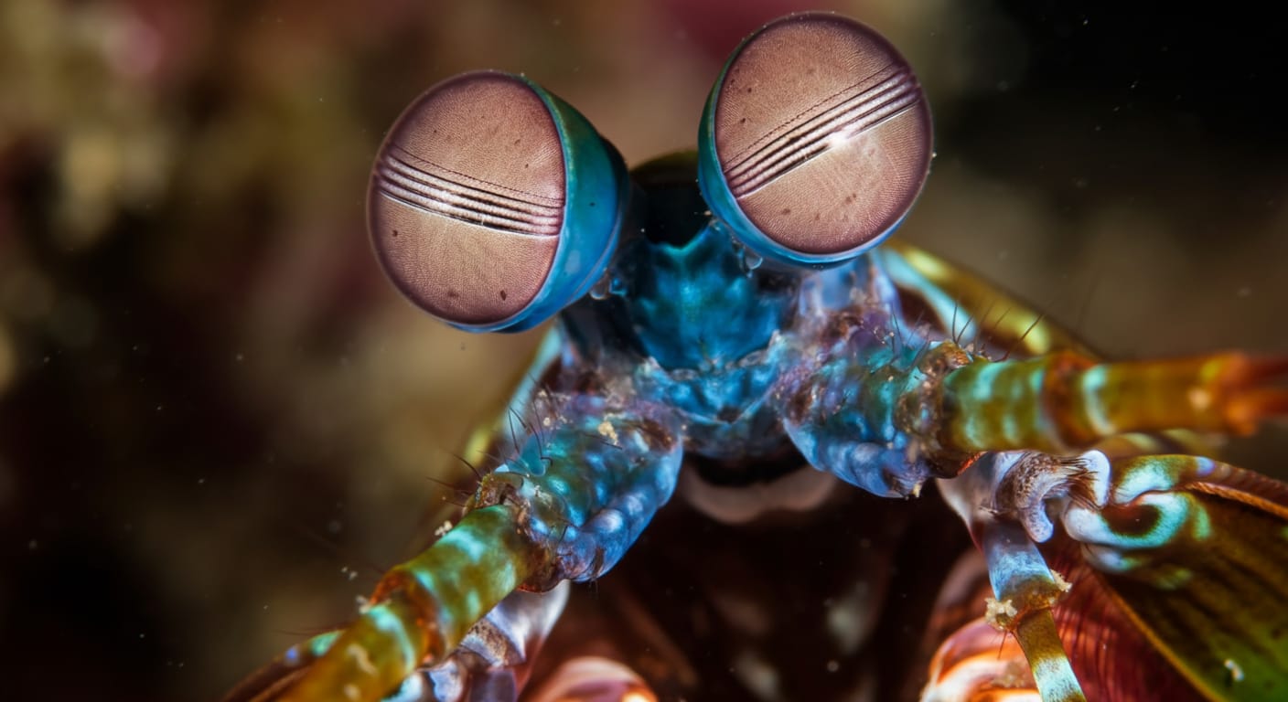 Close-up of a mantis shrimp's colorful compound eyes on independent stalks, showing the vivid colors and complex structure