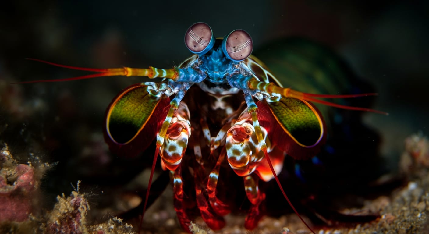 Close-up of a mantis shrimp displaying its powerful raptorial appendages (dactyl clubs) held forward, the same spring-loaded striking weapons capable of delivering a blow with the force of a bullet