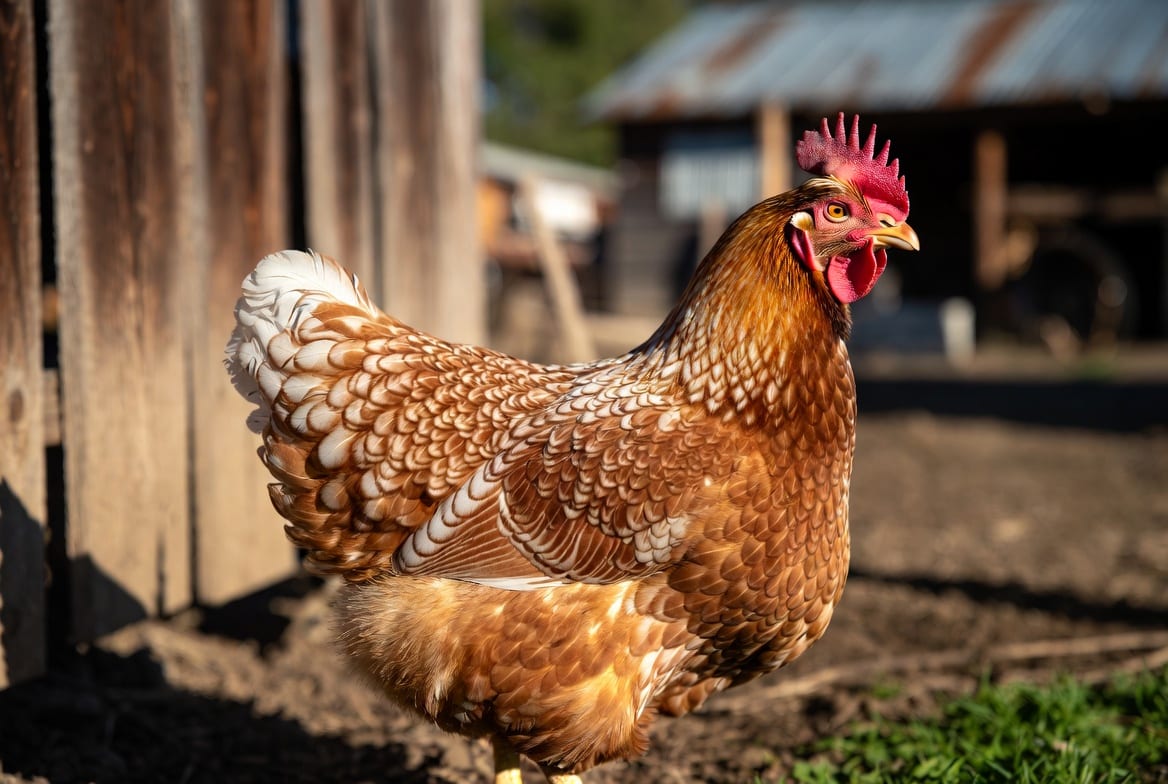 A brown and white Wyandotte chicken standing in a farmyard in bright daylight