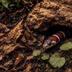 A banded milk snake emerging from cork bark cover in a cluttered enclosure