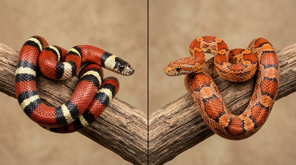 A milk snake and a corn snake side by side for comparison