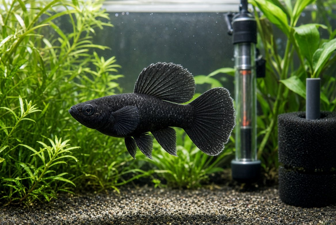A small group of mollies swimming in a well-planted 20-gallon aquarium