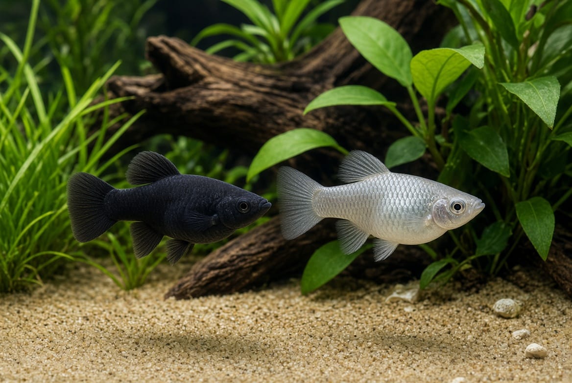 A black molly grazing algae from a piece of driftwood in a planted aquarium